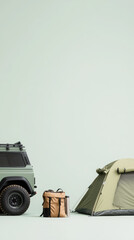 Obraz premium Minimalist camping scene with tent and off-road vehicle for outdoor adventure enthusiasts