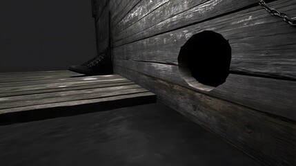 Dark Wooden Pier with Boot and Hole Dramatic Mystery Scene