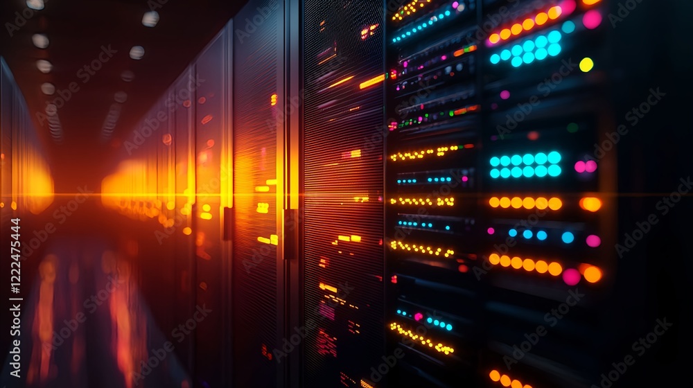Poster glowing data center aisle with server racks and digital lights