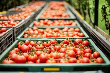 Vibrant red tomatoes arranged in baskets post-harvest.