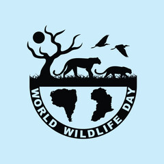 Wildlife Day Black And White Silhouette with Globe and Animals Vector