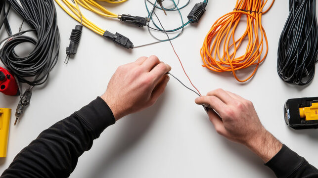 Electrician handling colorful cables in a professional studio setting for technical work