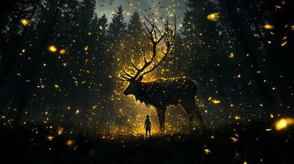 Child facing majestic glowing deer in firefly forest; fantasy art