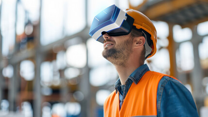 construction worker wearing hard hat and safety vest uses augmented reality glasses to monitor progress at construction site, showcasing innovative technology in industry