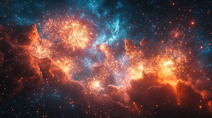 Fototapeta premium Fiery Orange And Blue Nebula In Deep Space