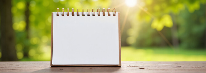 Spiral Calendar Mockup on wooden table with blurred greenery background