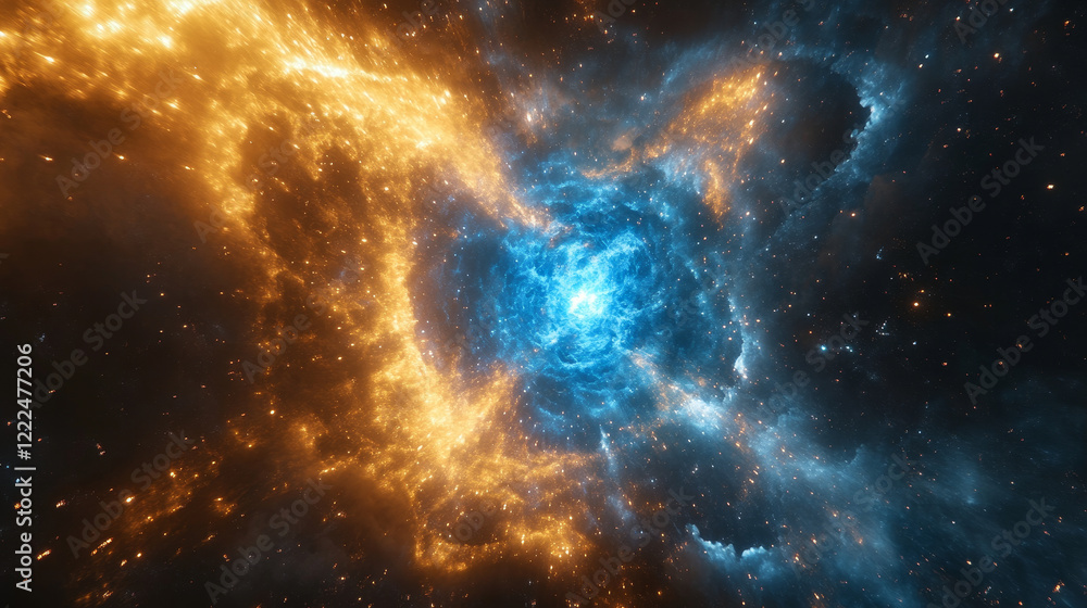 Poster blue explosion glow with bright light, rays and dust around flash with transparent effect. realistic