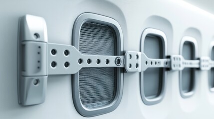 Close-up view of airplane window latches showcasing modern design and engineering details