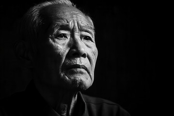 dramatic black and white portrait of elderly asian man, deep wrinkles telling life story, side lighting, profound emotional depth, film noir style