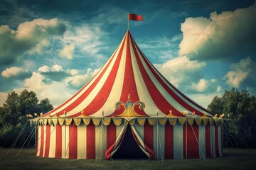 Cheerful circus structure showcasing bright colors beneath a sunny backdrop.