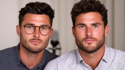 Fototapeta premium Two Confident Young Men with Stylish Hair and Facial Hair Posing for a Portrait Photo