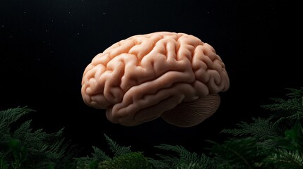 Realistic Human Brain Model in Dark Surroundings with Green Foliage