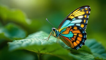 Fototapeta premium Close-up Colorful Butterfly on Green Leaf, Natural Beauty, Detailed View