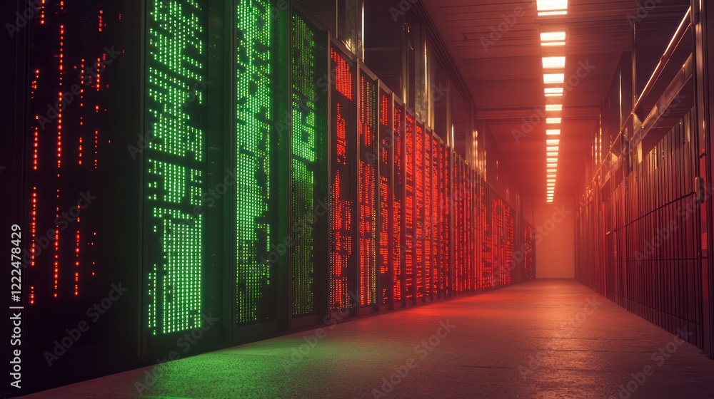 Poster Vibrant Data Center with Colorful Light Displays and Server Racks