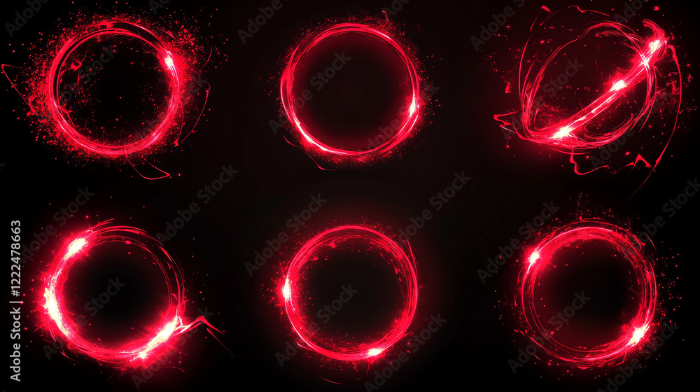 Poster glow red circles with sparkles and smoke, magic light effect. vector realistic set of shiny rings an