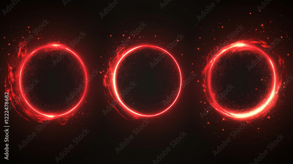 Poster glow red circles with sparkles and smoke, magic light effect. vector realistic set of shiny rings an