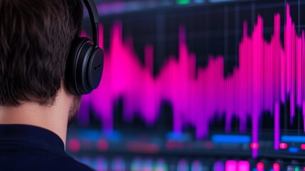 Person with Headphones Analyzing Sound Waves on Computer Screen in Vibrant Colors