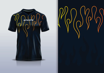 Sport jersey design template mockup flame fire line star pattern for football soccer, running, esports, black gold color