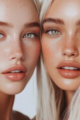 Two striking models with freckled skin pose closely together, highlighting their beauty and uniqueness in a natural light setting.