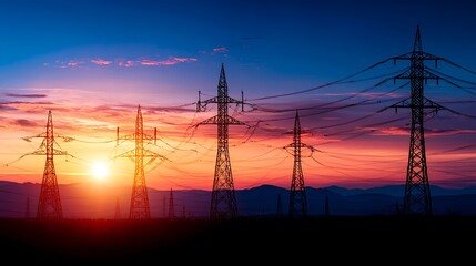 Fototapeta premium Power Lines Silhouetted Against Colorful Sunset Sky Landscape