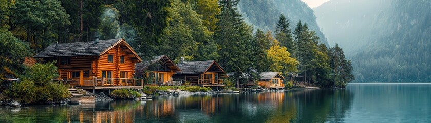 Fototapeta premium A serene lakeside scene featuring wooden cabins surrounded by lush greenery and mountains, reflecting beautifully on the calm water.