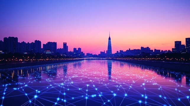 Modern City Skyline at Sunset with Digital Network Overlay and Reflections in the Water