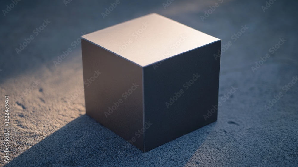 Poster a three-dimensional silver cube casting a sharp shadow on a textured gray surface