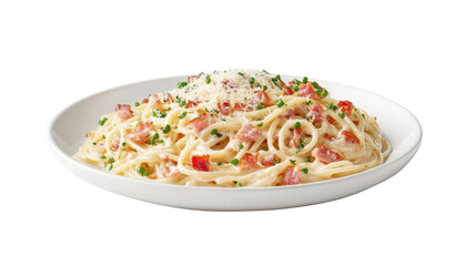 Plate of pasta with bacon and cheese served on a wooden table with fork and knife.