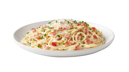 Plate of pasta with bacon and cheese served on a wooden table with fork and knife.