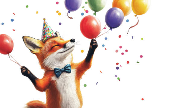 Fox wearing a party hat surrounded by colorful balloons in a festive setting.