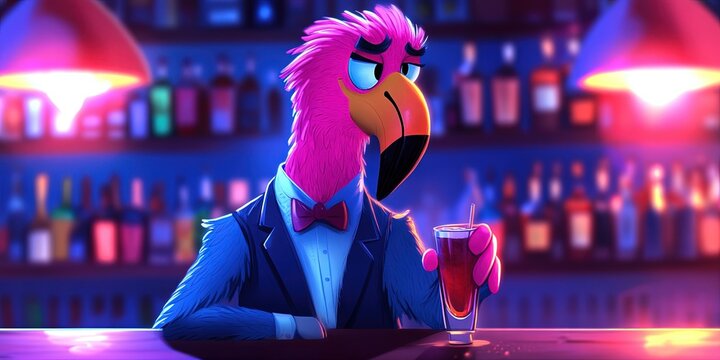 anthropomorphized flamingo bartender 
