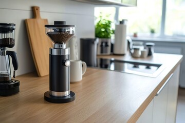 Modern coffee grinder placed on a wooden kitchen counter
