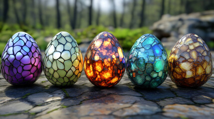 Cartoon dragon eggs, dinosaur and reptile ui game assets isolated vector set. Magic eggs collection with colorful textures, pimples, ice crystal, glowing, fire and power energy shells gui graphics