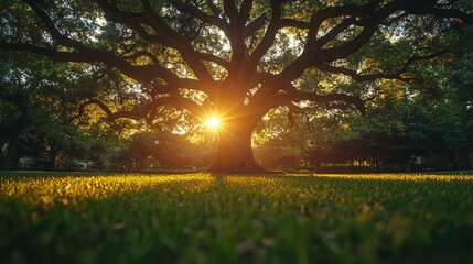 Obraz premium Majestic Tree with Sunlight Filtering Through Leaves in Park