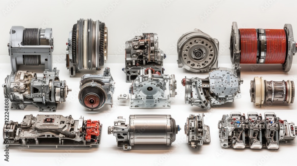 Aufkleber collection of various automotive engine components arranged neatly on a clean surface for display