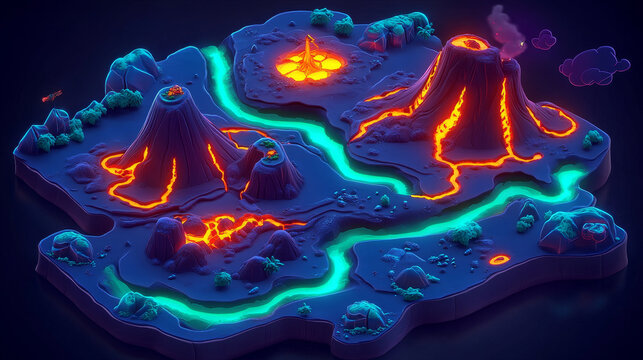 Volcano island map for game level navigation. Vector cartoon illustration of land piece with neon green river, night mountains with toxic lava in craters, fantasy prehistoric landscape, mobile app ui