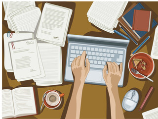 top view bussines workplace work on computer paperwork messy papers, coffee and books on table list paper document dark table background studying
