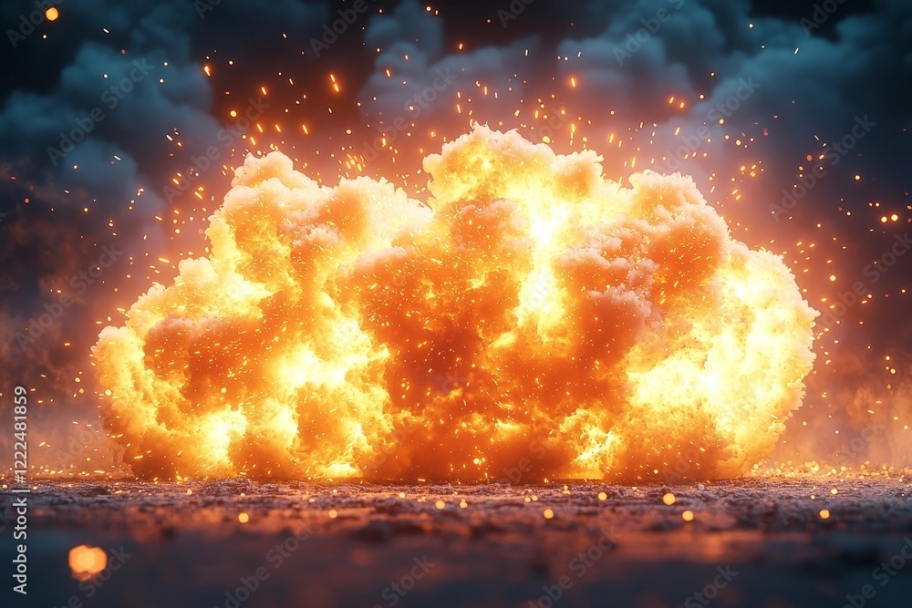 Poster cartoonish dynamite bundle exploding with exaggerated smoke clouds and bright yellow sparks