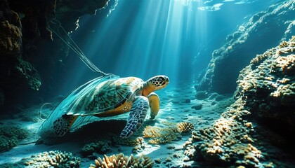 Fototapeta premium Sea turtle entangled in ocean debris beneath sunlit waters with copy space