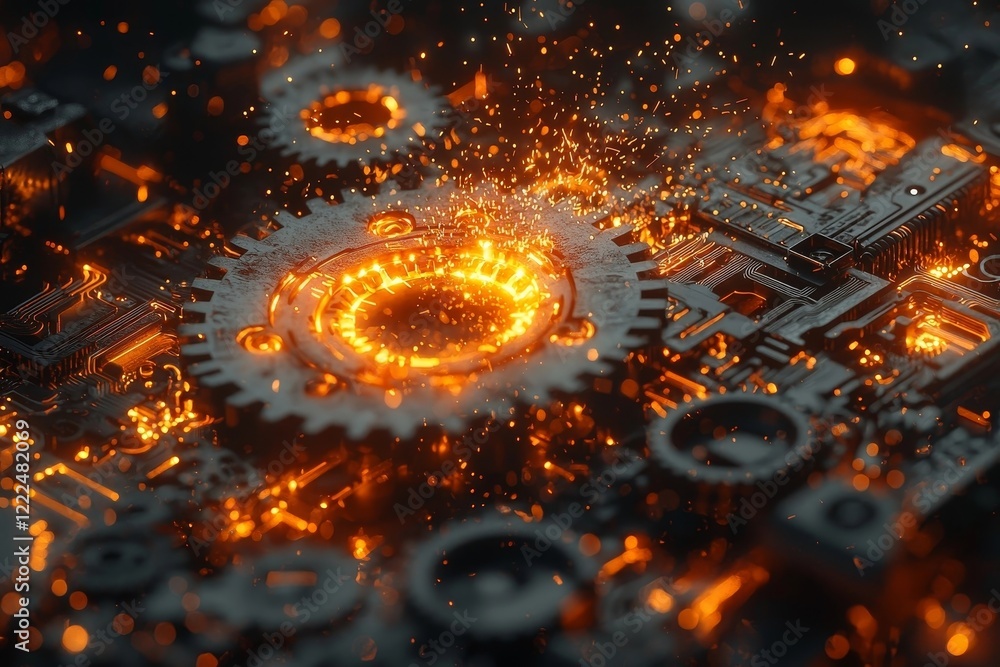 Poster robotic bomb detonation sending glowing gears and circuits flying in precision chaos
