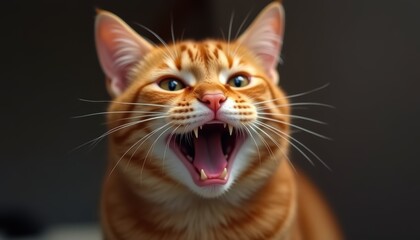 Naklejka premium Cute smiling kitten with a charming expression, Ginger fur adds to the cat's appeal.