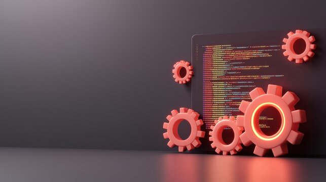 3D Glowing Code Editor Representation with Gears