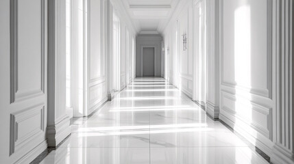 Obraz premium Minimalist bright white hallway with large windows allowing natural light to illuminate the reflective marble floor creating a serene open space 