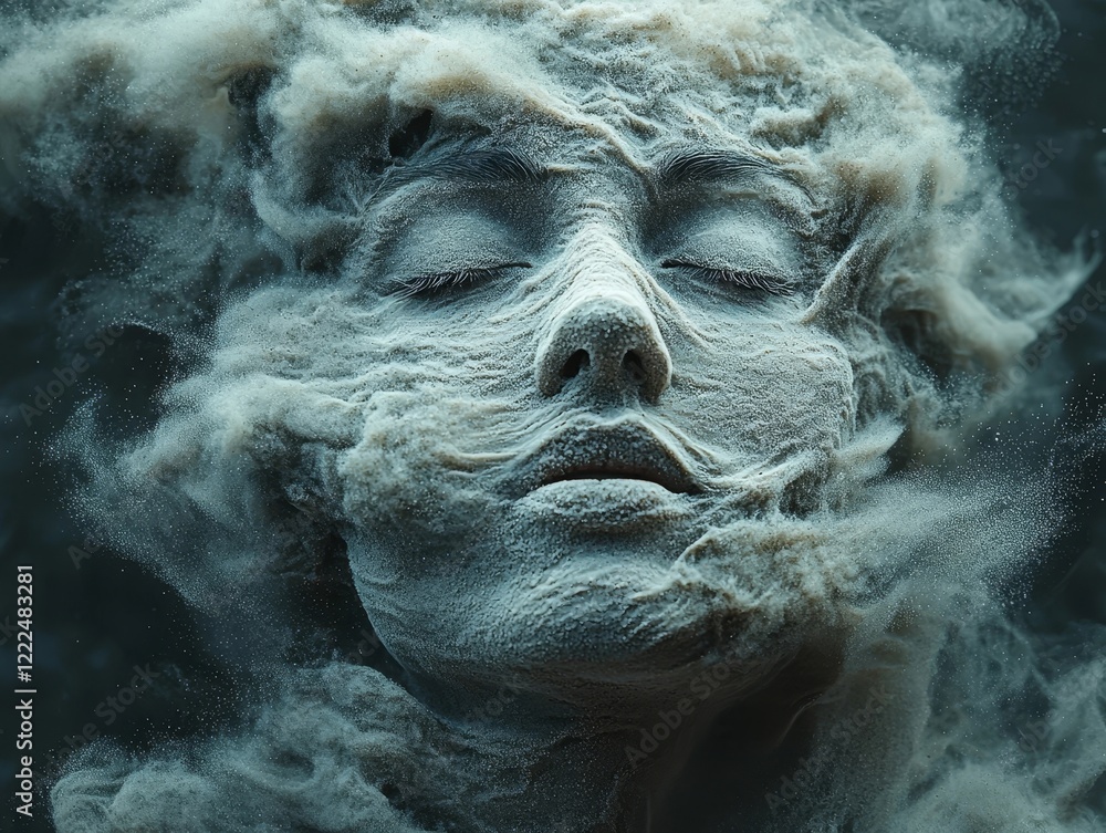 Poster surreal portrait of shifting sand features dissolving and reforming in unseen wind