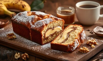  Stuffed Banana Bread sliced to reveal its rich, gooey filling, Generative AI