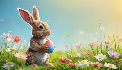Joyful easter bunny with painted egg in spring meadow with space for text