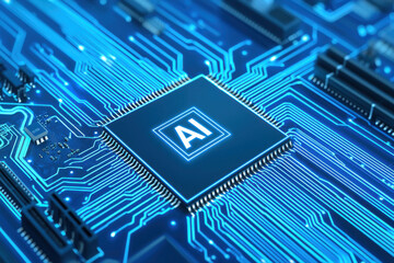 Close-up of a futuristic AI chip on a blue circuit board.