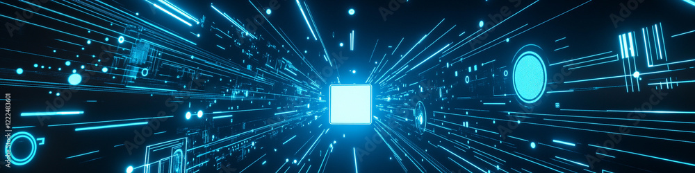 Poster digital light beams create a futuristic tunnel effect