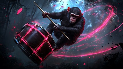 Chimpanzee drumming in jungle, magical night, fantasy art, music concept