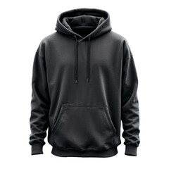 Black Hoodie with Front Pocket and Drawstrings on Transparent Background